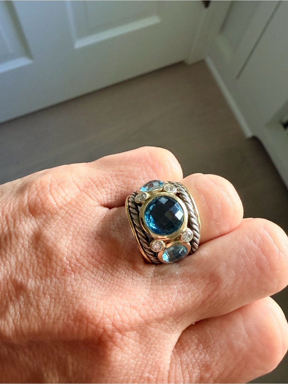 David Yurman Mosaic Ring Blue Topaz Diamonds Sterling 18K Gold Size 6 - Picture 2 of 10